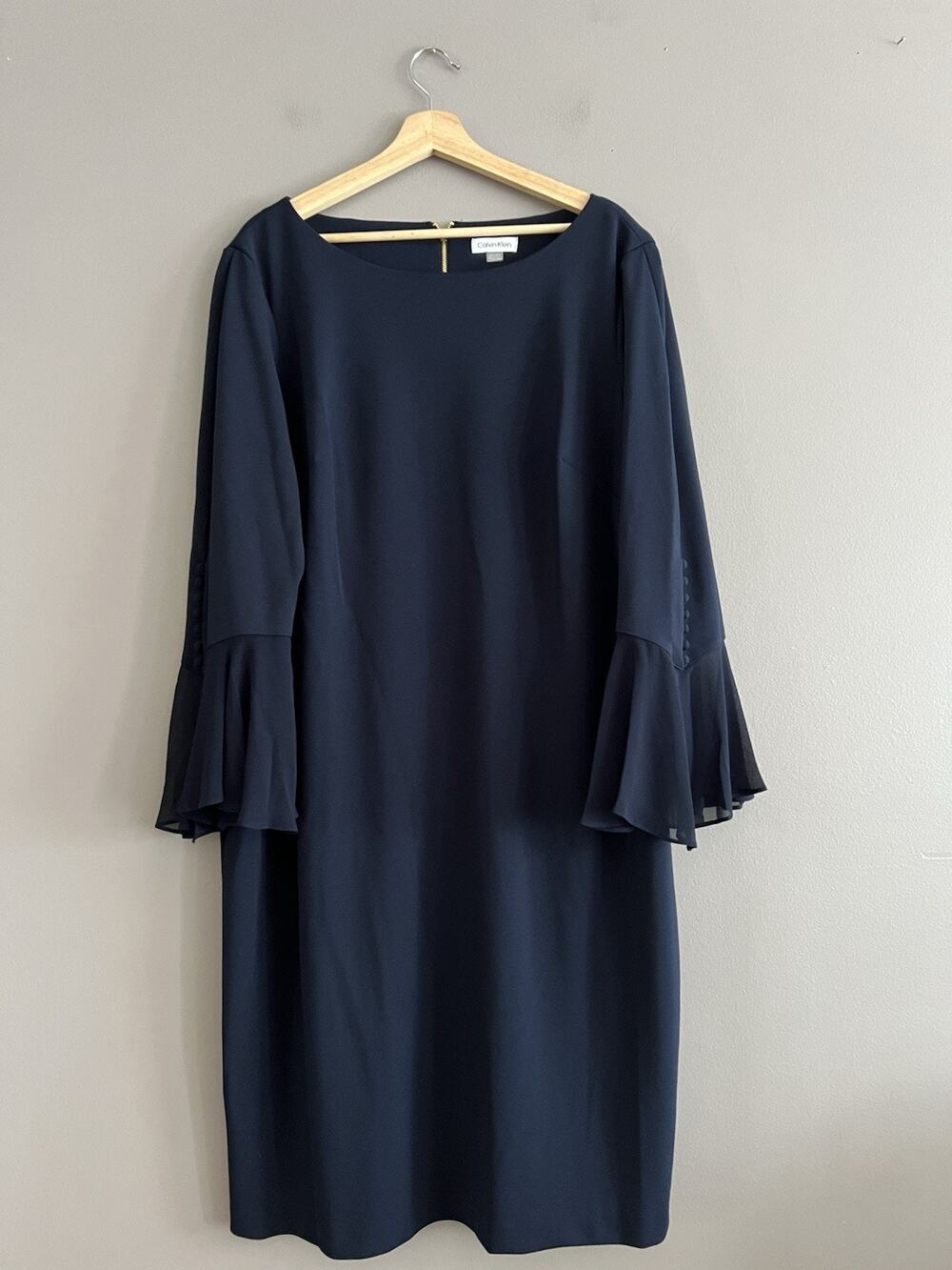 Calvin Klein Sz 22W Navy Blue Women's Chiffon-Bell-Sleeve Sheath Dress Crepe